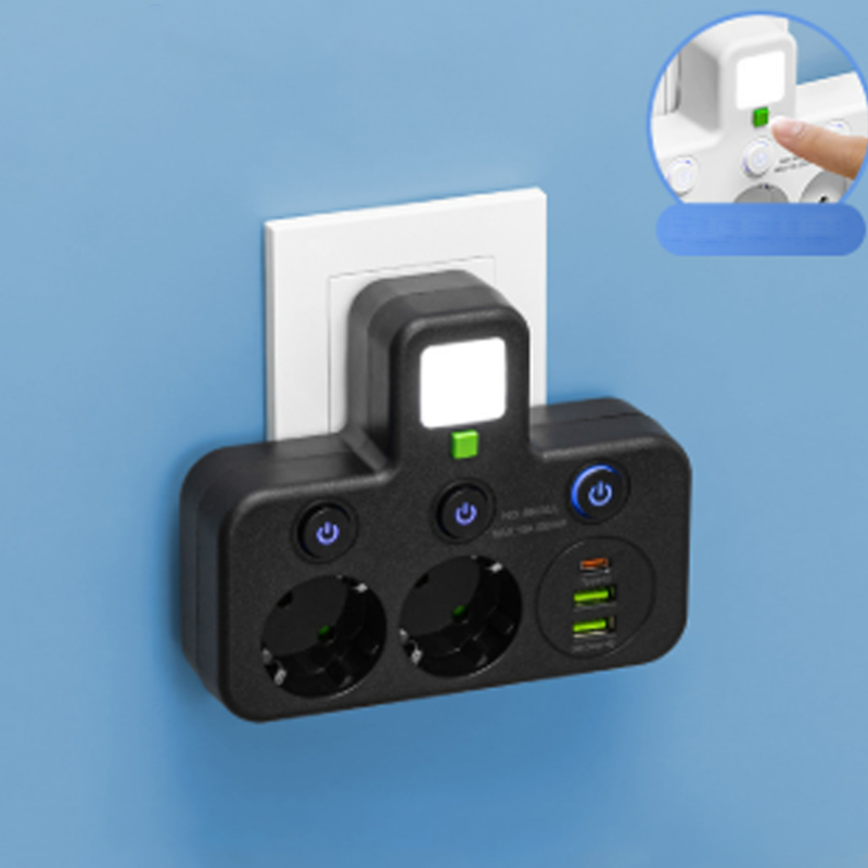 VirtaKoti – Kompakti jatkopistorasia USB-porteilla ja yövalolla