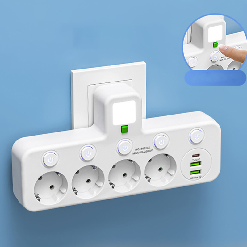 VirtaKoti – Kompakti jatkopistorasia USB-porteilla ja yövalolla